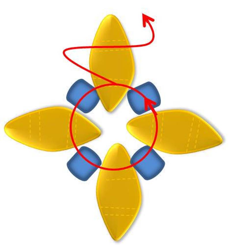Peut inclure: Un motif en forme de fleur jaune avec six p&eacute;tales et un centre bleu. Les p&eacute;tales sont dispos&eacute;s en cercle autour du centre, et le centre est compos&eacute; de six perles bleues. Les perles sont reli&eacute;es par un fil rouge qui forme un cercle autour du centre.