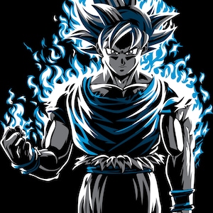 Puede incluir: Ilustración de un personaje con pelo puntiagudo y expresión decidida, rodeado de llamas de energía azul. El personaje viste un atuendo azul oscuro con cinturón y pulseras a juego, sobre un fondo negro.