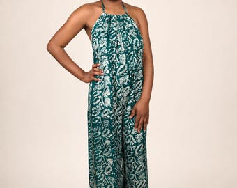 Mono Adire Halter para mujer, estampado africano, pierna ancha, sin espalda, ideal para el verano y la playa.