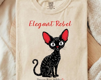 Camiseta elegante con gato Devon Rex rebelde / Ilustración de gatito negro