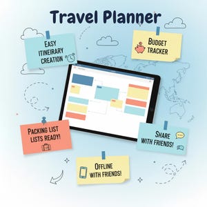 May include: A digital travel planner displayed on a tablet, with colorful sticky notes highlighting features like itinerary creation, budget tracking, packing lists, and sharing with friends. The background is a light blue gradient with a world map.