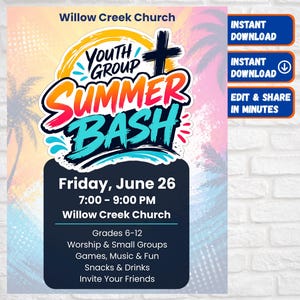 Può includere: Un volantino colorato per un evento estivo di un gruppo giovanile. Il design presenta il testo "SUMMER BASH" in colori vivaci, una croce e sagome di palme. Include data, ora e attività.