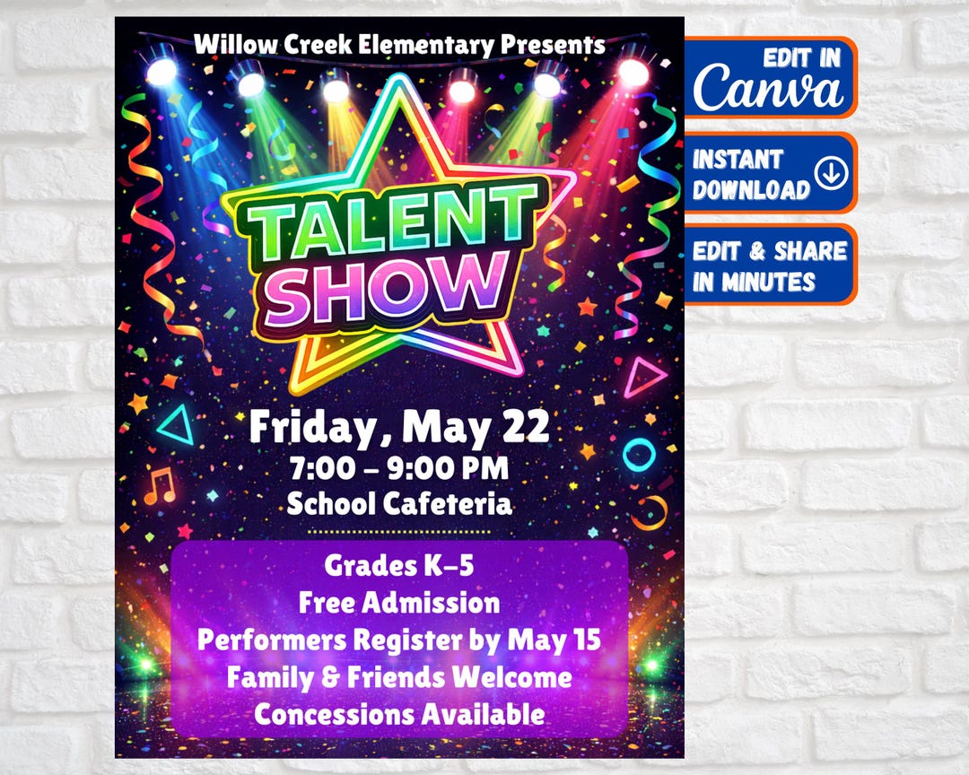 School Talent Show Flyer Template Editable in Canva | Elementary ...