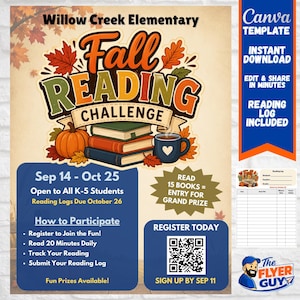Könnte beinhalten: Ein digitaler Flyer für die Herbst-Lese-Challenge der Willow Creek Grundschule mit einem Bücherstapel, einem Kürbis und einer Tasse. Der Text enthält Daten vom 14. Sept. bis 25. Okt., Teilnahmehinweise, einen QR-Code und ein Leseprotokoll.