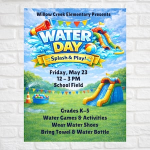 Modello di volantino per la giornata dell'acqua / Poster modificabile per la giornata Splash su Canva / Giornata dell'acqua a scuola, PTA, evento per la scuola elementare
