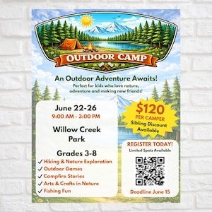 May include: A promotional poster for an outdoor camp, featuring a scenic illustration of a lake, mountains, and a tent. The poster includes the text "Outdoor Camp" and details about the camp, such as dates, times, and activities.