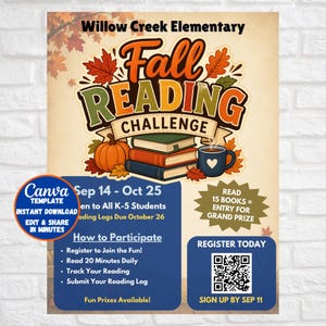 Puede incluir: Un folleto para el desafío de lectura de otoño de la escuela primaria Willow Creek con una pila de libros, una calabaza y una taza. El texto incluye fechas del 14 de sept al 25 de oct, instrucciones, un código QR y el premio por 15 libros.