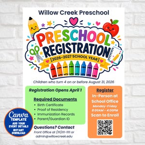 May include: A colorful preschool registration flyer with the text "Preschool Registration" and "2026-2027 School Year." It includes illustrations of a pencil, apple, crayons, and scissors. The flyer also lists required documents and registration details.