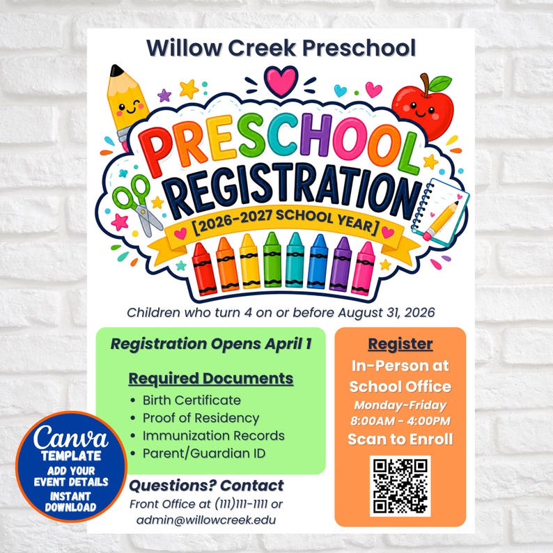 May include: A colorful preschool registration flyer with the text "Preschool Registration" and "2026-2027 School Year." It includes illustrations of a pencil, apple, crayons, and scissors. The flyer also lists required documents and registration details.