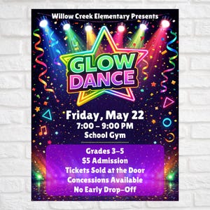 Glow Dance Flyer Vorlage Bearbeitbar in Canva | Neon Schultanz Poster | PTA PTO Event | Sofort Download