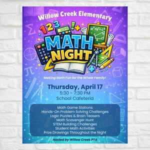 Math Night Flyer Template | Family Math Night Flyer | School Math Event Poster | PTA PTO Math Night Flyer | Editable Canva Template