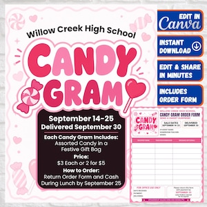 Może przedstawiać: Różowo-biała ulotka dotycząca wydarzenia Candy Gram w Willow Creek High School. Projekt zawiera ilustracje słodyczy, daty wydarzenia od 14 do 25 września, dostawę 30 września oraz szablon formularza zamówienia z polami na dane ucznia.