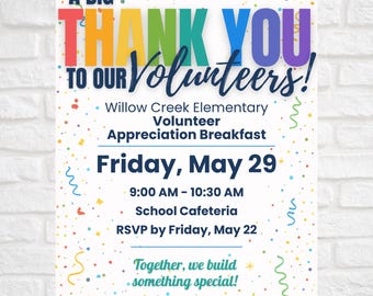 Volunteer Appreciation Flyer Template Editable in Canva | School Volunteer Breakfast Invite | Thank You Volunteers Poster
