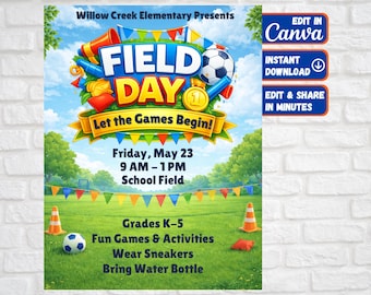 Field Day Flyer Template | Editable Canva School Field Day Poster | PTA, Elementary School, School Event