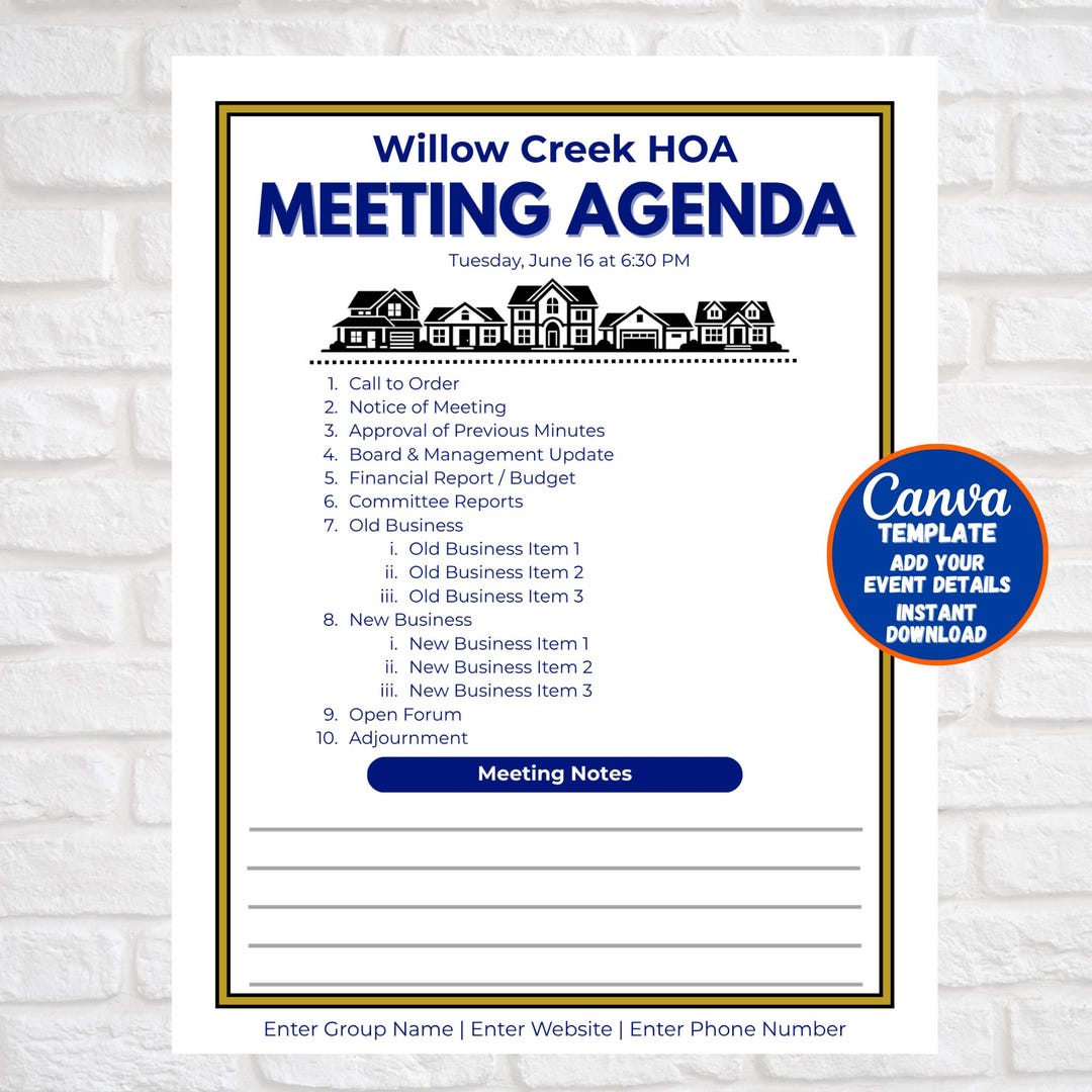 HOA Meeting Agenda Template | Editable Board Meeting Agenda | Canva