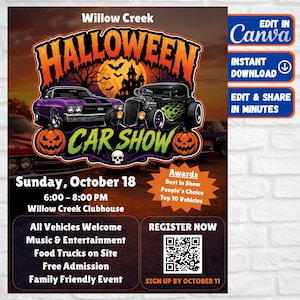 May include: A Halloween Car Show flyer for Willow Creek featuring a purple muscle car and a black hot rod with green flames. The design includes a full moon, haunted house, jack-o'-lanterns, a skull, event details, and a QR code for registration.
