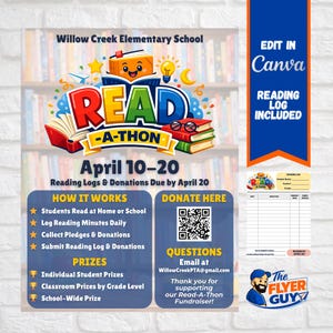 May include: A colourful flyer for a "Read-A-Thon" event at Willow Creek Elementary School, featuring the text "READ-A-THON" in vibrant colours. The flyer includes details about the event, prizes, and how to donate. The event is scheduled for April 10-20.