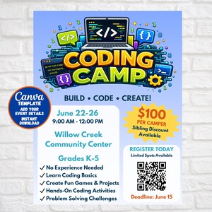 Pode incluir: Um folheto azul e branco promovendo um Coding Camp para crianças. O folheto inclui um gráfico de laptop, as palavras "Coding Camp" e detalhes sobre as datas, horários, local e atividades do acampamento. Um código QR está incluído.