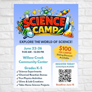 Puede incluir: Un póster azul que promociona un campamento de ciencias con ilustraciones coloridas de objetos relacionados con la ciencia. El texto incluye las fechas, horarios, ubicación y actividades del campamento. También se incluye un código QR y una fecha límite.