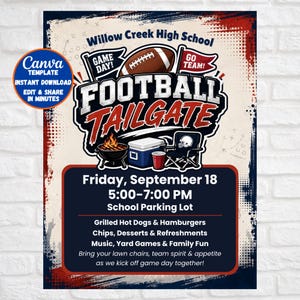 Könnte beinhalten: Ein digitaler Flyer für ein Football-Tailgate der Willow Creek High School mit einem braunen Football, einem Grill, einer blauen Kühlbox und einem roten Becher. Der Text enthält Veranstaltungsdetails für Freitag, den 18. September.