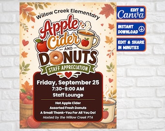 Apple Cider and Donuts Staff Appreciation Flyer Template | PTO PTA School Staff Breakfast | Fall Teacher Appreciation | Editable Canva