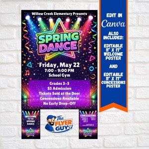May include: A colorful poster for a Spring Dance event, featuring the text "Spring Dance" in a starburst design. The poster includes event details: Friday, May 22, 7:00-9:00 PM, School Gym, Grades 3-5, $5 admission. Also includes a Canva edit option.