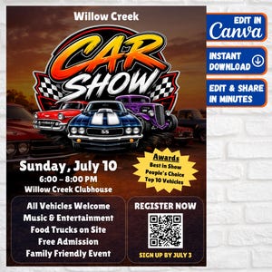 May include: A promotional poster for the Willow Creek Car Show. The design features a stylized "CAR SHOW" logo with classic cars in the background. Details include the date, time, location, and event highlights such as music, food trucks, and free admission.