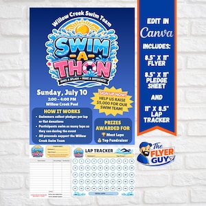 Puede incluir: Un folleto azul y blanco para un evento "Swim-A-Thon", con el texto "Willow Creek Swim Team". Incluye detalles del evento, una hoja de compromiso y un rastreador de vueltas. Diseñado en Canva.