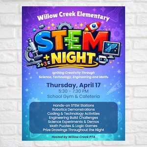 Könnte beinhalten: Ein farbenfrohes Poster für die STEM Night der Willow Creek Elementary. Es zeigt eine Rakete, ein Mikroskop und Computergrafiken. Die Veranstaltung findet am Donnerstag, 17. April, von 17:30-19:30 Uhr statt, mit Robotik- und Coding-Aktivitäten.