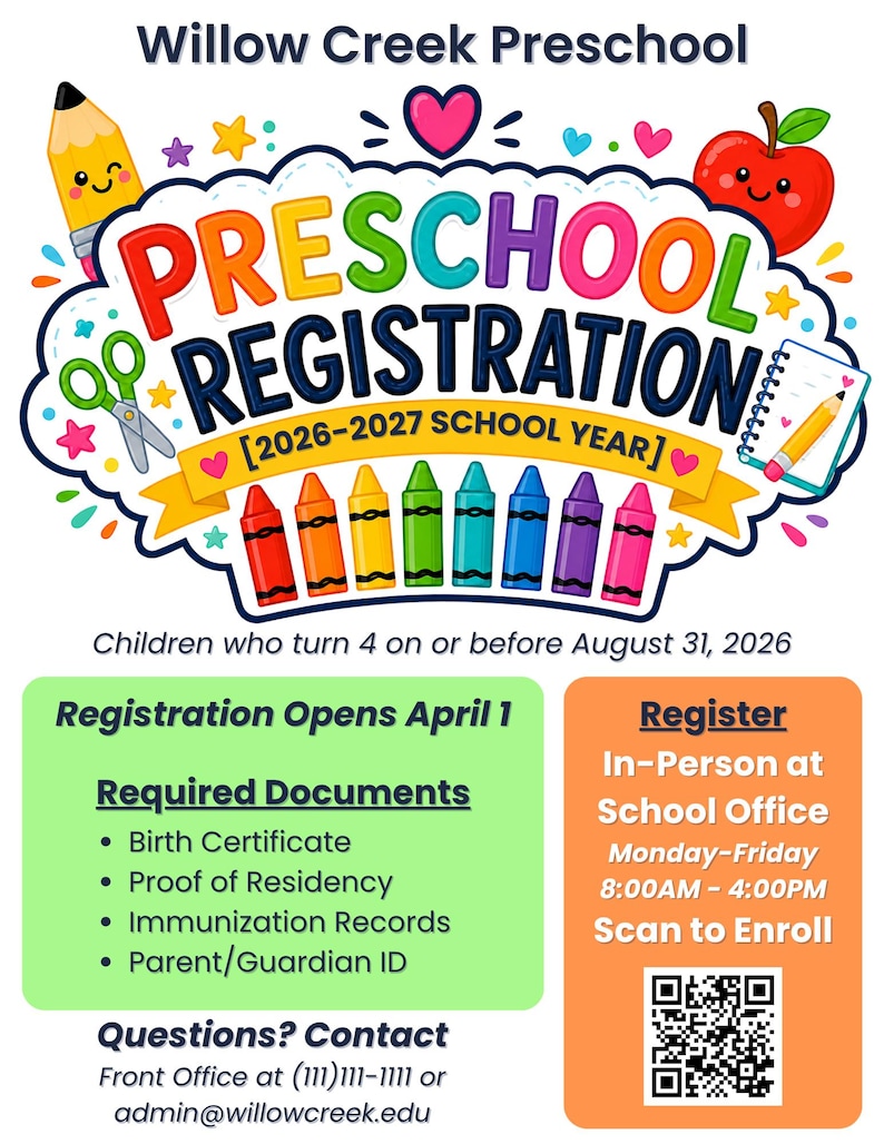 May include: A colorful preschool registration flyer with the text "Preschool Registration" in rainbow colors. Includes a pencil, apple, scissors, and crayons. Registration opens April 1. Contact the front office for questions.