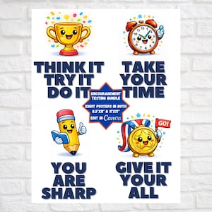 Op de afbeelding: Een witte poster met vier kleurrijke cartoon illustraties en motiverende zinnen. Bevat een trofee, wekker, potlood en medaille. Tekst bevat "Think It, Try It, Do It", "Take Your Time", "You Are Sharp" en "Give It Your All".