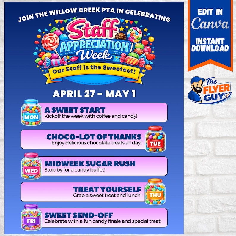 Staff Appreciation Week Candy Theme Flyer | Teacher Appreciation Week ...