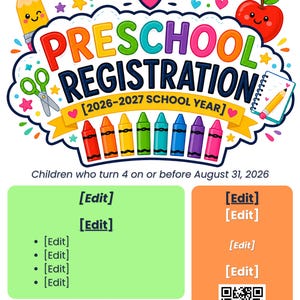 May include: A colorful preschool registration flyer with the text "Preschool Registration" in multiple colors. The flyer includes illustrations of a pencil, apple, scissors, and crayons. The school year is 2026-2027.