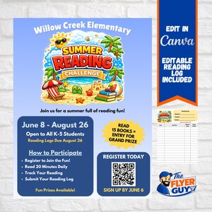 Könnte beinhalten: Ein blau-weißes Plakat für die Sommerlese-Challenge der Willow Creek Elementary School. Das Plakat enthält eine Strand-Szene-Illustration, Daten, Anweisungen und den Text "Edit in Canva". Es wirbt für das Lesen für Schüler der Klassen K-5.