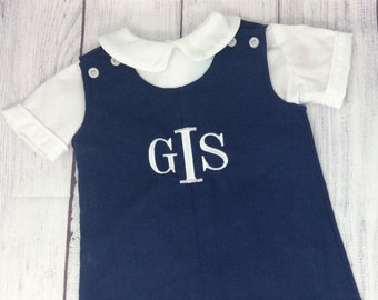 Navy Blue Jon Jon Romper, Monogrammed Shortall, Special Occasion Boy Jon Jon