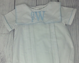 Boy Monogram Baptism Outfit, Infant Bubble, White Bubble with White Collar, Boys Easter JonJon, Classic Christening, Baby Boy Dedication