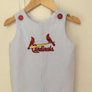 Cardinals/Toddler Boy Jon-Jon/ Shortall Blue Seersucker/Birds on Bat/Cardinals logo shortall