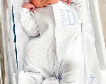 Newborn coming home outfit, Bitt y Dot, Monogram infant footie, tiny dots, newborn picture outfit, baby boy, baby girl, preemie