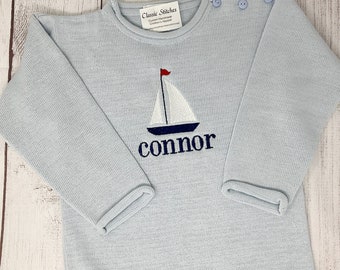 Sailboat Embroidered Rollneck Sweater, Preppy Sweater,