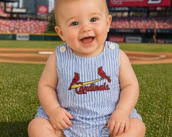Cardinals/Toddler Boy Jon-Jon/ Shortall Blue Seersucker/Birds on Bat/Cardinals logo shortall