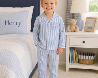 Boys Blue Two-Piece pajamas, Blue Stripe Christmas sleepwear, Boy