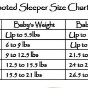 May include: A size chart for footed sleepers, with columns for baby's size, weight in pounds, and length in inches. Sizes range from preemie to 9 months. The chart includes measurements for each size.