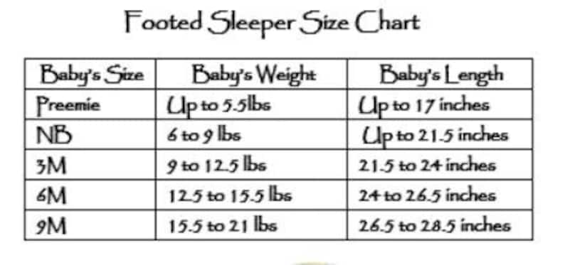 May include: A size chart for footed sleepers, with columns for baby's size, weight in pounds, and length in inches. Sizes range from preemie to 9 months. The chart includes measurements for each size.