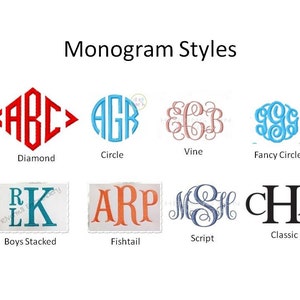 Puede incluir: Un gr&aacute;fico que muestra 10 estilos de monogramas diferentes, incluyendo diamante, c&iacute;rculo, vid, c&iacute;rculo elegante, apilados para ni&ntilde;os, cola de pez, gui&oacute;n y cl&aacute;sico. Los estilos de monogramas se muestran con las letras ABC, AGR, EGB, 999, RK, ARP, MSH y CHA.