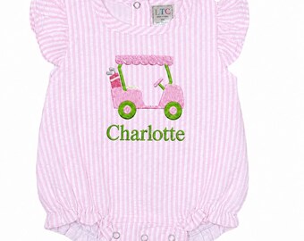 Golf Cart Embroidery, Baby Girl Romper, Seersucker