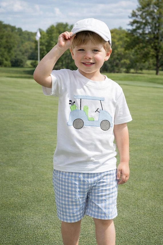 Golf Cart Monogram Short Set, Boy Golf Shirt, Golf Shorts and Shirt,Girl Golf Cart with Name