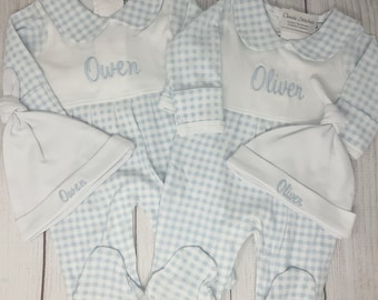 Coming Home Boy Footie, Blue Gingham Sleeper, Monogram Newborn Outfit, New Baby Gift, Boutique style, Collar with bib detail