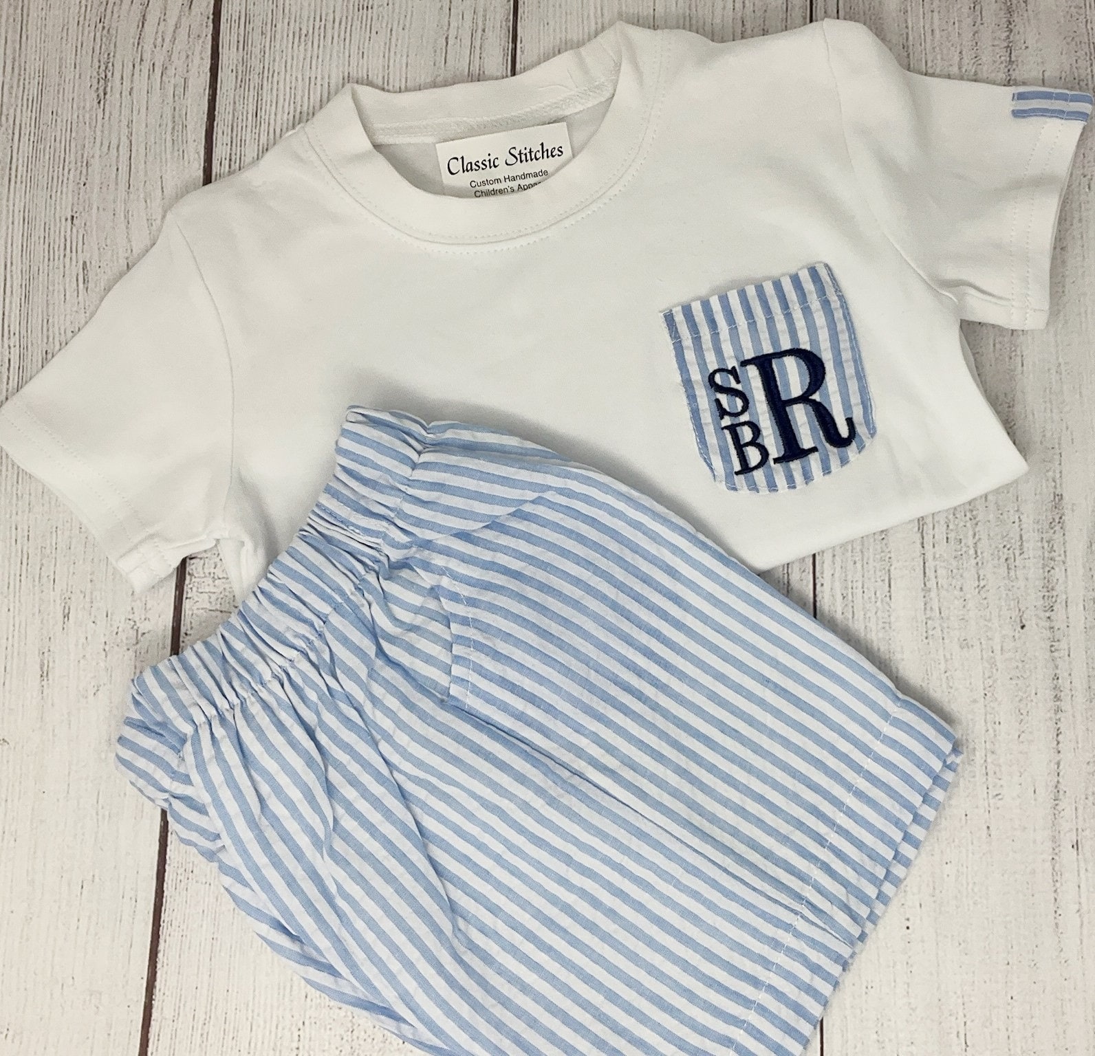 Boy Pocket Monogram Short Set, Summer Short Set, Seersucker Pocket Shirt