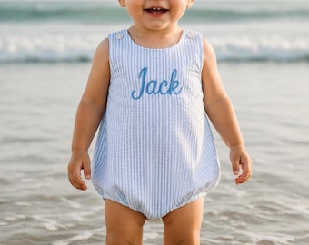 Boy Seersucker Bubble, Embroidered, Name or Monogram , Blue, Pink