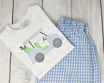 Golf Cart Monogram Short Set, Boy Golf Shirt, Golf Shorts and Shirt,Girl Golf Cart with Name